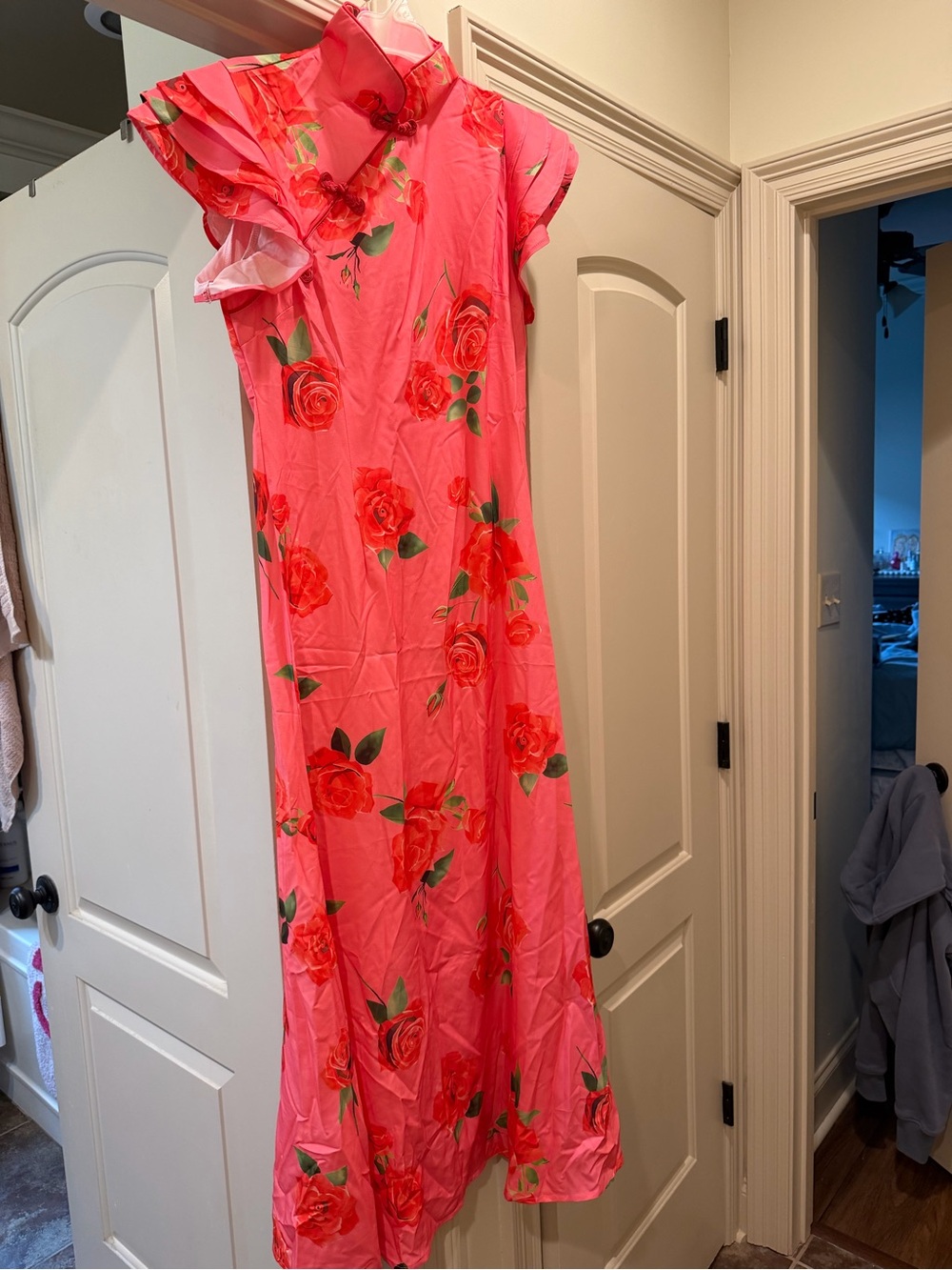 Pink Floral Maxi Dress with Red Rose Print